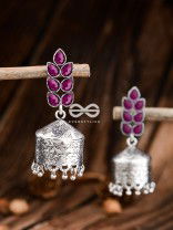 The Olive Branch Intricate Drum Jhumkis - Ruby Red- The Embellished Oxidised Collection