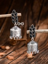 The Olive Branch Intricate Drum Jhumkis - Onyx Black- The Embellished Oxidised Collection