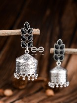 The Olive Branch Intricate Drum Jhumkis - Onyx Black- The Embellished Oxidised Collection