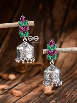 The Olive Branch Intricate Drum Jhumkis - Emerald and Ruby - The Embellished Oxidised Collection