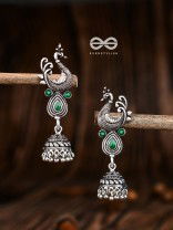 The Dangling Peacock Jhumkis (Emerald Green) - The Embellished Oxidised Collection