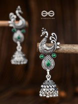 The Dangling Peacock Jhumkis (Emerald Green) - The Embellished Oxidised Collection