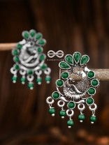 The Dangling Peacock Studs (Emerald Green) - Embellished Oxidised Collection