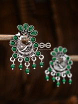 The Dangling Peacock Studs (Emerald Green) - Embellished Oxidised Collection