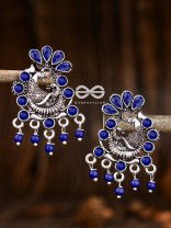 The Dangling Peacock Studs (Sapphire Blue) - Embellished Oxidised Collection