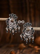 The Dangling Peacock Studs (Onyx Black) - Embellished Oxidised Collection