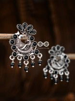 The Dangling Peacock Studs (Onyx Black) - Embellished Oxidised Collection