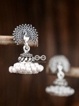The Triple Threaded Pearl Peacock Jhumkis - Tiny Trinket Earrings