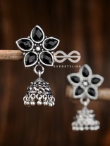 The Glimmering Floral Little Jhumkis (Onyx Black) - The Embellished Oxidised Collection