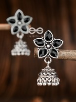 The Glimmering Floral Little Jhumkis (Onyx Black) - The Embellished Oxidised Collection