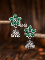 The Glimmering Floral Little Jhumkis (Emerald Green) - The Embellished Oxidised Collection