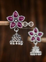 The Glimmering Floral Little Jhumkis (Ruby Red) - The Embellished Oxidised Collection