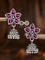 The Glimmering Floral Little Jhumkis (Ruby Red) - The Embellished Oxidised Collection