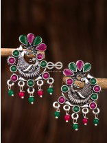 The Dangling Peacock Studs (Ruby Emerald) - Embellished Oxidised Collection
