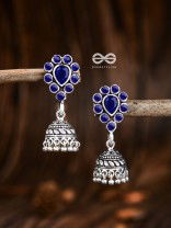 The Shimmery Droplet Jhumkis (Sapphire Blue) - The Embellished Oxidised Collection