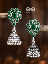 The Shimmery Droplet Jhumkis (Emerald Green) - The Embellished Oxidised Collection