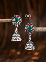 The Shimmery Droplet Jhumkis (Ruby Emerald) - The Embellished Oxidised Collection