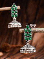 The Olive Branch Intricate Jhumkis - Emerald Green - The Embellished Oxidised Collection