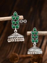 The Olive Branch Intricate Jhumkis - Emerald Green - The Embellished Oxidised Collection