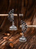 The Bohemian Elegance Floral Jhumkis (Onyx Black) - The Embellished Oxidised Collection