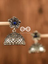 The Large Floral Intricate Jhumkas (Sapphire Blue) - Embellished Oxidised Collection
