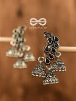 The Elegant Triple Jhumki Peacocks (Onyx Black) - Embellished Oxidised Collection