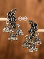 The Elegant Triple Jhumki Peacocks (Onyx Black) - Embellished Oxidised Collection