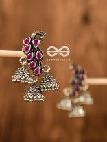 The Elegant Triple Jhumki Peacocks (Ruby Red) - Embellished Oxidised Collection