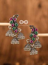 The Elegant Triple Jhumki Peacocks (Ruby-Emerald) - Embellished Oxidised Collection