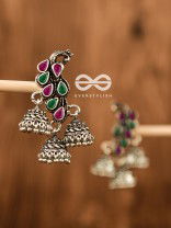 The Elegant Triple Jhumki Peacocks (Ruby-Emerald) - Embellished Oxidised Collection
