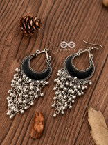 The Enamelled Moon Jhaalar (Black) - Oxidised Boho Earrings