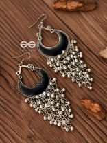 The Enamelled Moon Jhaalar (Black) - Oxidised Boho Earrings
