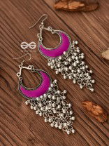 The Enamelled Moon Jhaalar (Pink) - Oxidised Boho Earrings