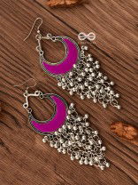 The Enamelled Moon Jhaalar (Pink) - Oxidised Boho Earrings