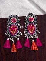 The Layered Tasseled Statement Makers (Pink-Orange) - The Embroidered Oxidised Collection