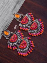 The Multilayered Elegance (Orange-Pink) - Embroidered Oxidised Earrings