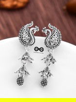 The Double Layered Peacock Jhumkis - Oxidised Boho Earrings