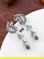 The Double Layered Peacock Jhumkis - Oxidised Boho Earrings