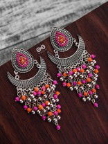 The Droplet Jhaalar Earrings (Orange-Pink) - The Embroidered Oxidised Collection