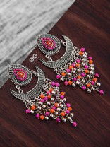 The Droplet Jhaalar Earrings (Orange-Pink) - The Embroidered Oxidised Collection