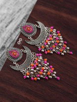 The Droplet Jhaalar Earrings (Orange-Pink) - The Embroidered Oxidised Collection