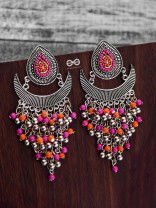 The Droplet Jhaalar Earrings (Orange-Pink) - The Embroidered Oxidised Collection
