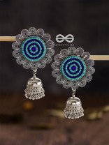 The Beaded Bohemian Flower Jhumkas (Blue) - Embroidered Oxidised Collection