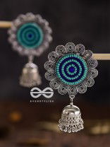 The Beaded Bohemian Flower Jhumkas (Blue) - Embroidered Oxidised Collection