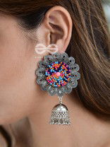 The Beaded Bohemian Flower Jhumkas (Multicoloured) - Embroidered Oxidised Collection