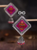 The Beaded Bohemian Square Jhumkas(Orange-Pink) - Embroidered Oxidised Collection