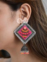 The Beaded Bohemian Square Jhumkas(Orange-Pink) - Embroidered Oxidised Collection