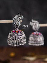 The Large Statement Peacock Jhumkas - Embellished Oxidised Collection