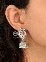 The Intricate Peacock Jhumkis - Oxidised Boho Earrings