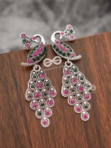 The Shimmery Peacock Danglers - Embellished Oxidised Collection